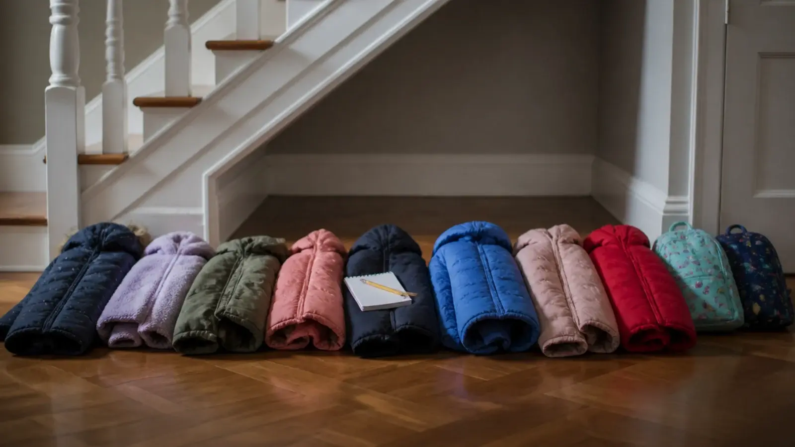 coats laid out across a hallway floor being counted before a build