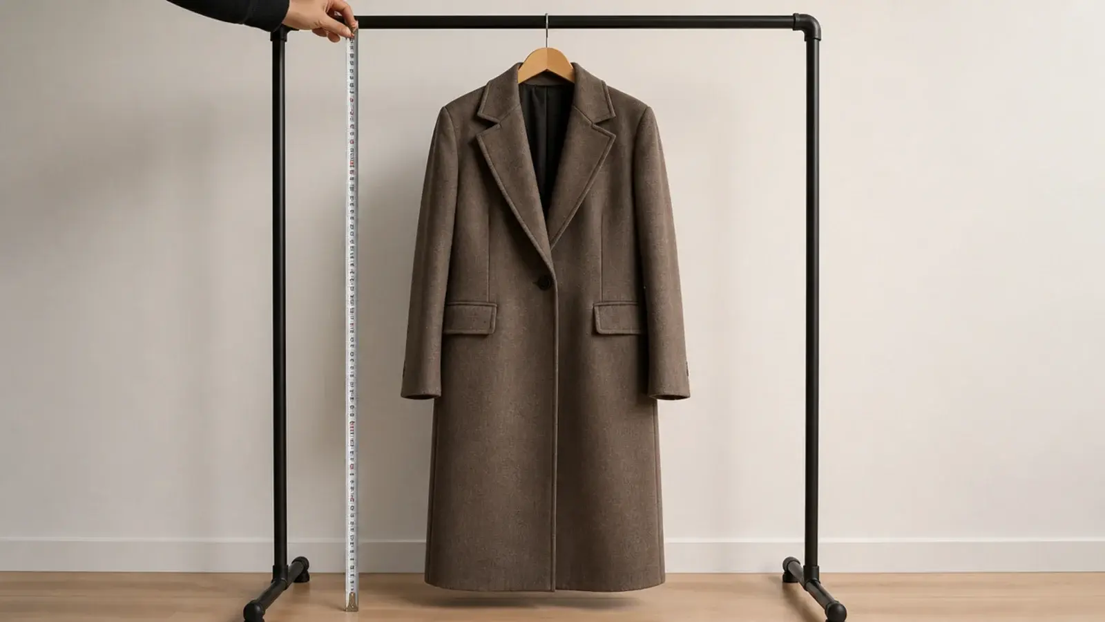 tape measure held against a long coat hanging from a hanger