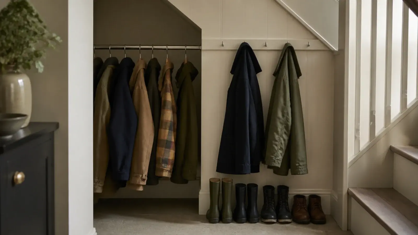 rail of hanging coats beside a batten of hooks under a staircase