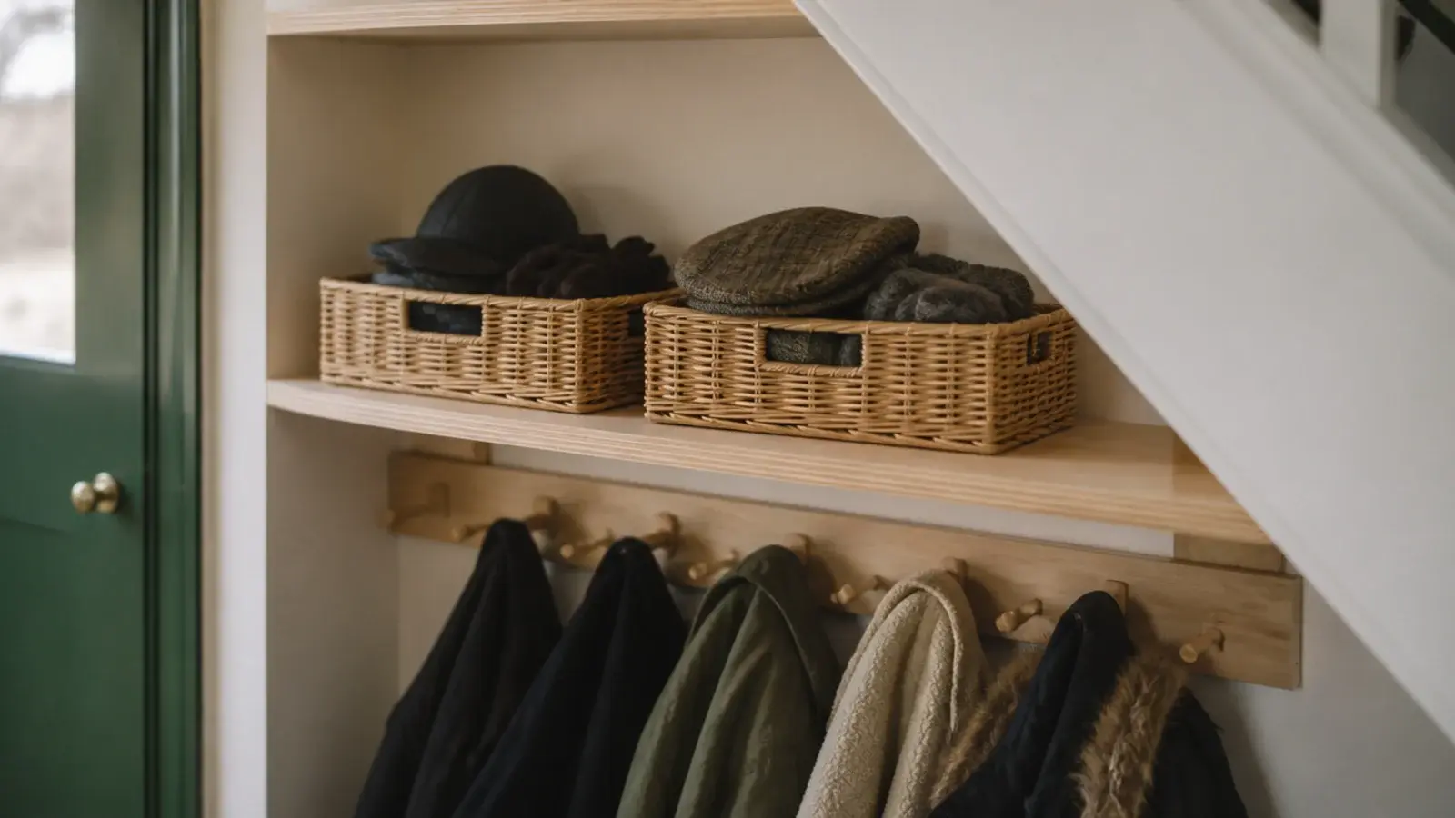 plywood shelf fitted above a coat rail holding baskets of hats