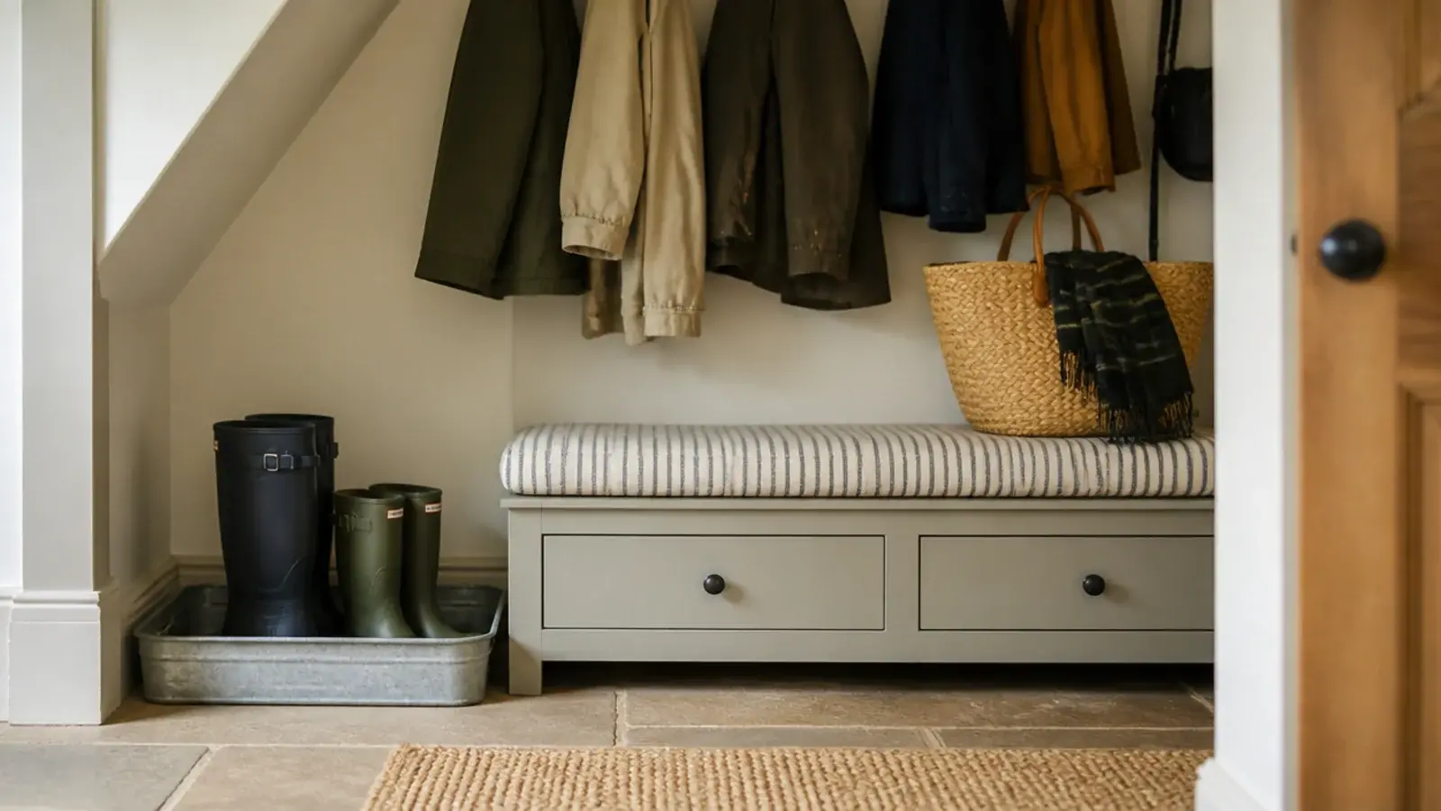 galvanised boot tray and low bench set beneath hanging coats