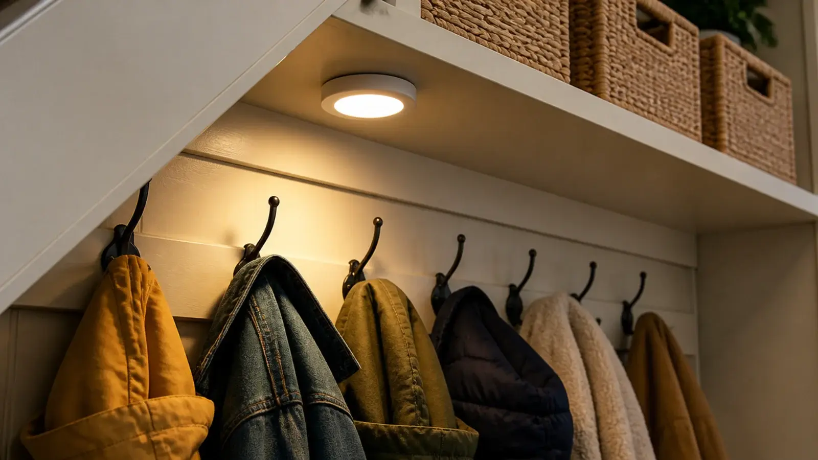 battery motion light stuck to a soffit above a coat rail