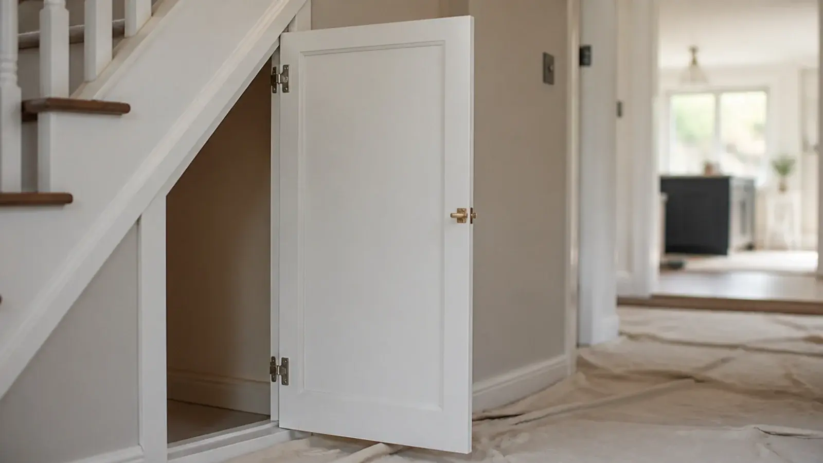 newly hung painted door on an under stairs cupboard with empty interior