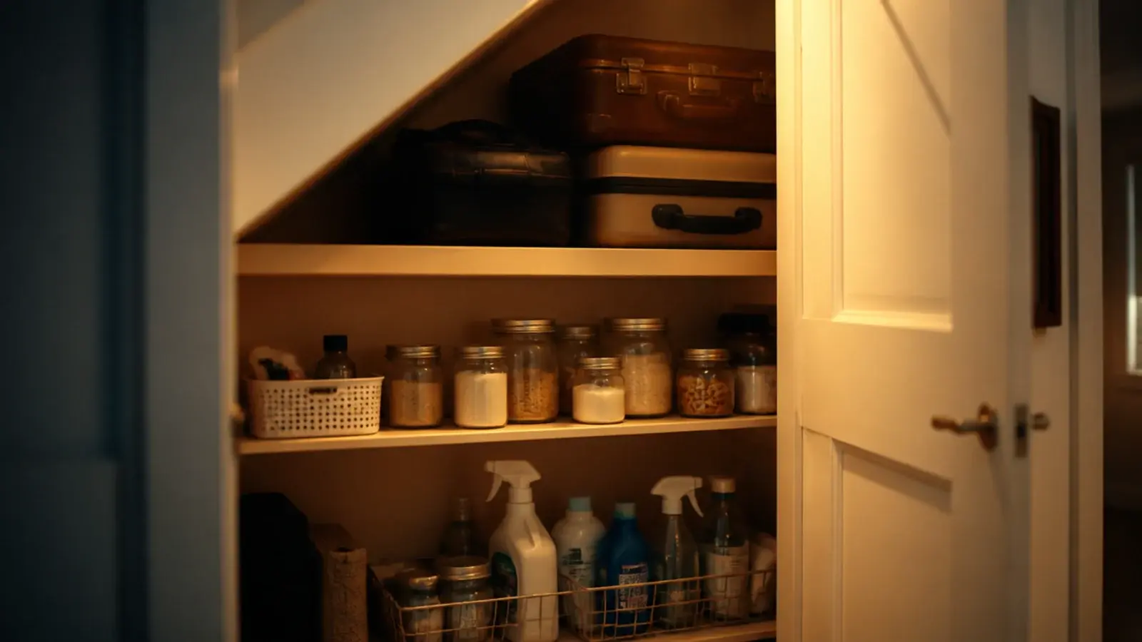 deep top shelf and shallower lower shelves inside a stairs cupboard