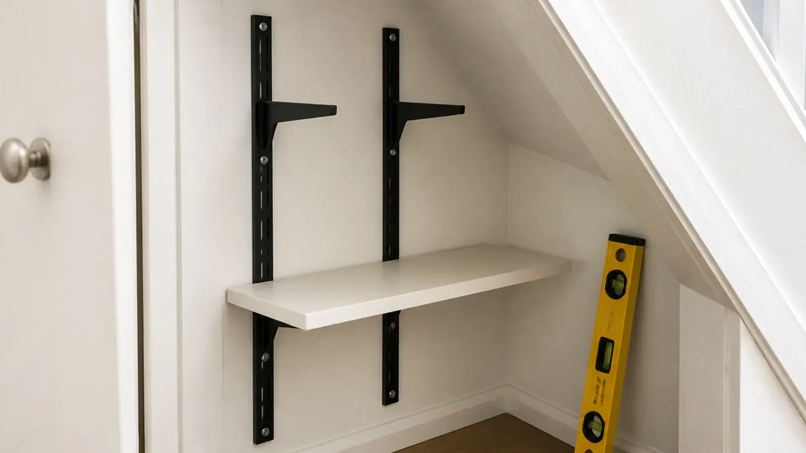 metal twin slot uprights and brackets fixed inside an under stairs cupboard