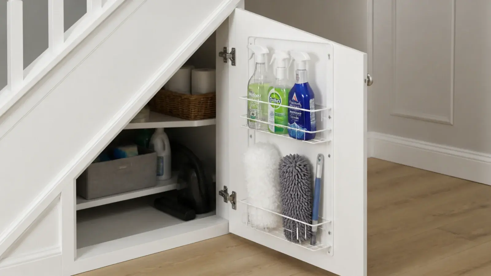wire rack fixed to the back of an under stairs cupboard door