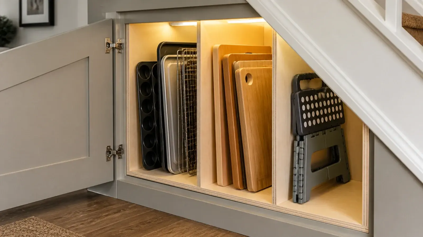 vertical plywood dividers separating trays and boards on a shelf