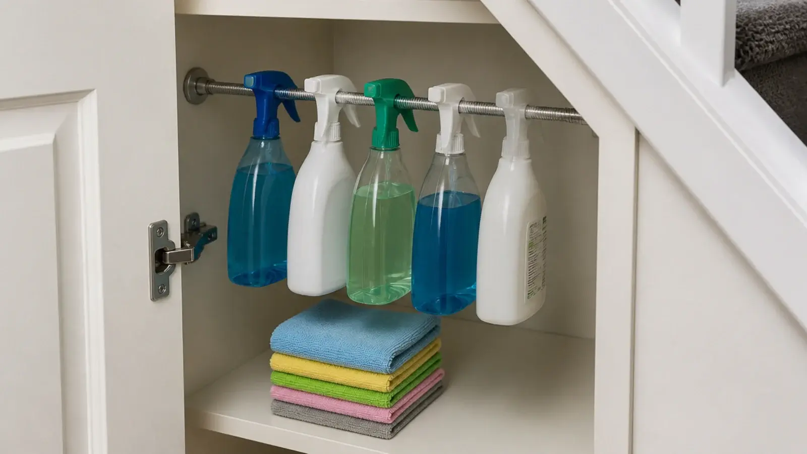 cleaning sprays hanging by their triggers from a tension rod