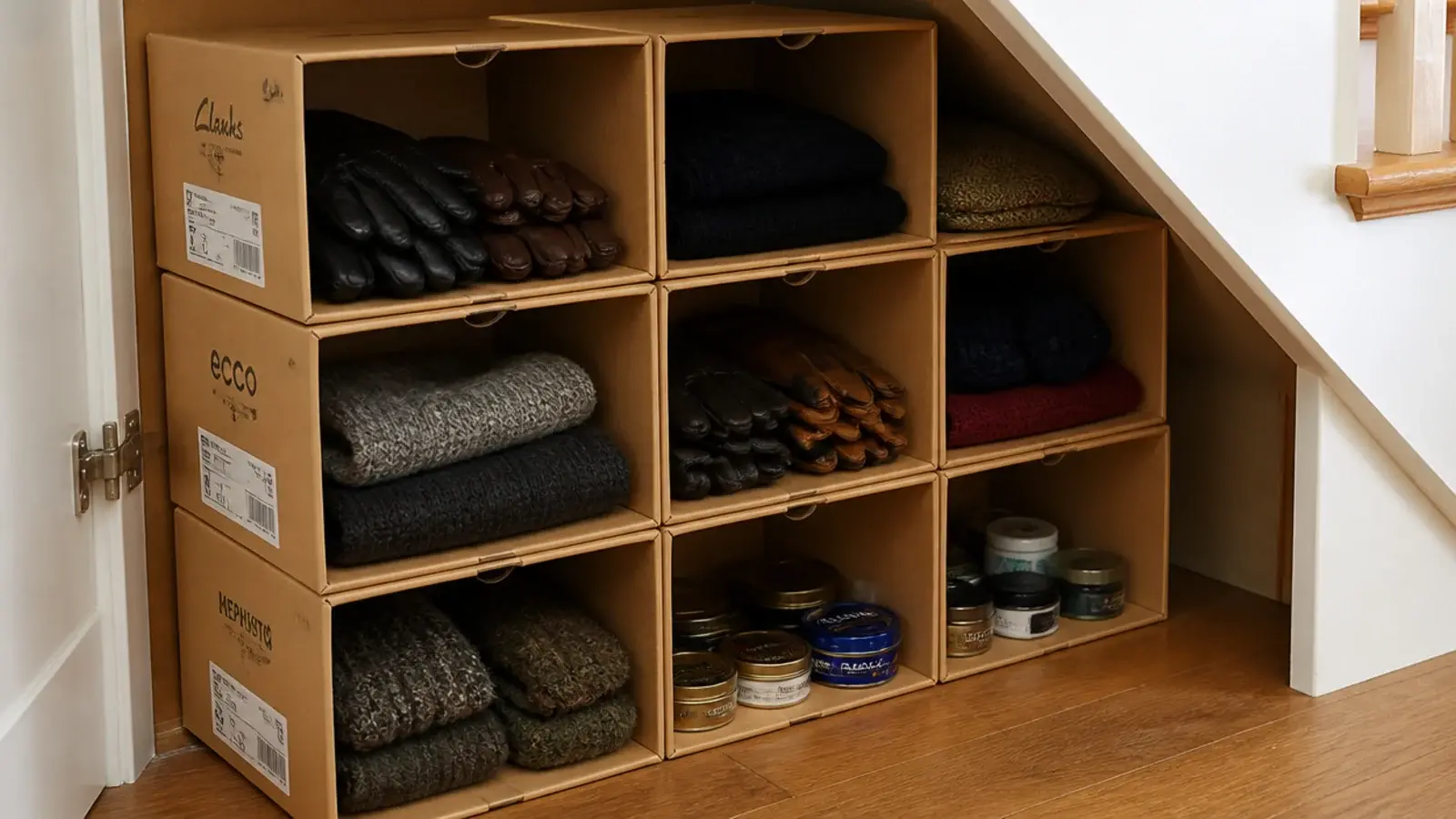 cardboard shoe boxes stacked sideways to form open cubbies