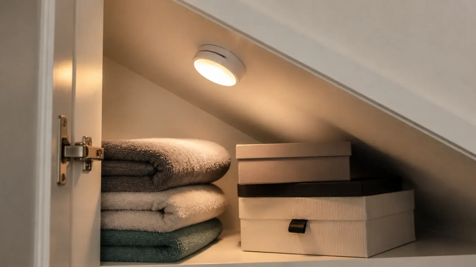 small motion sensor light glowing inside an under stairs cupboard