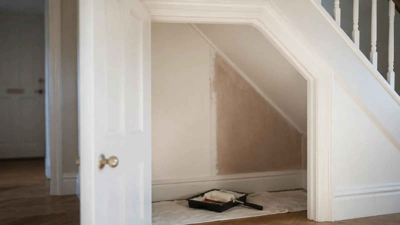 pale painted interior of an under stairs cupboard with a roller nearby
