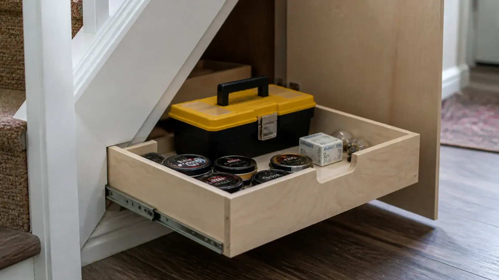 plywood pull-out box sliding out from the low end of a cupboard