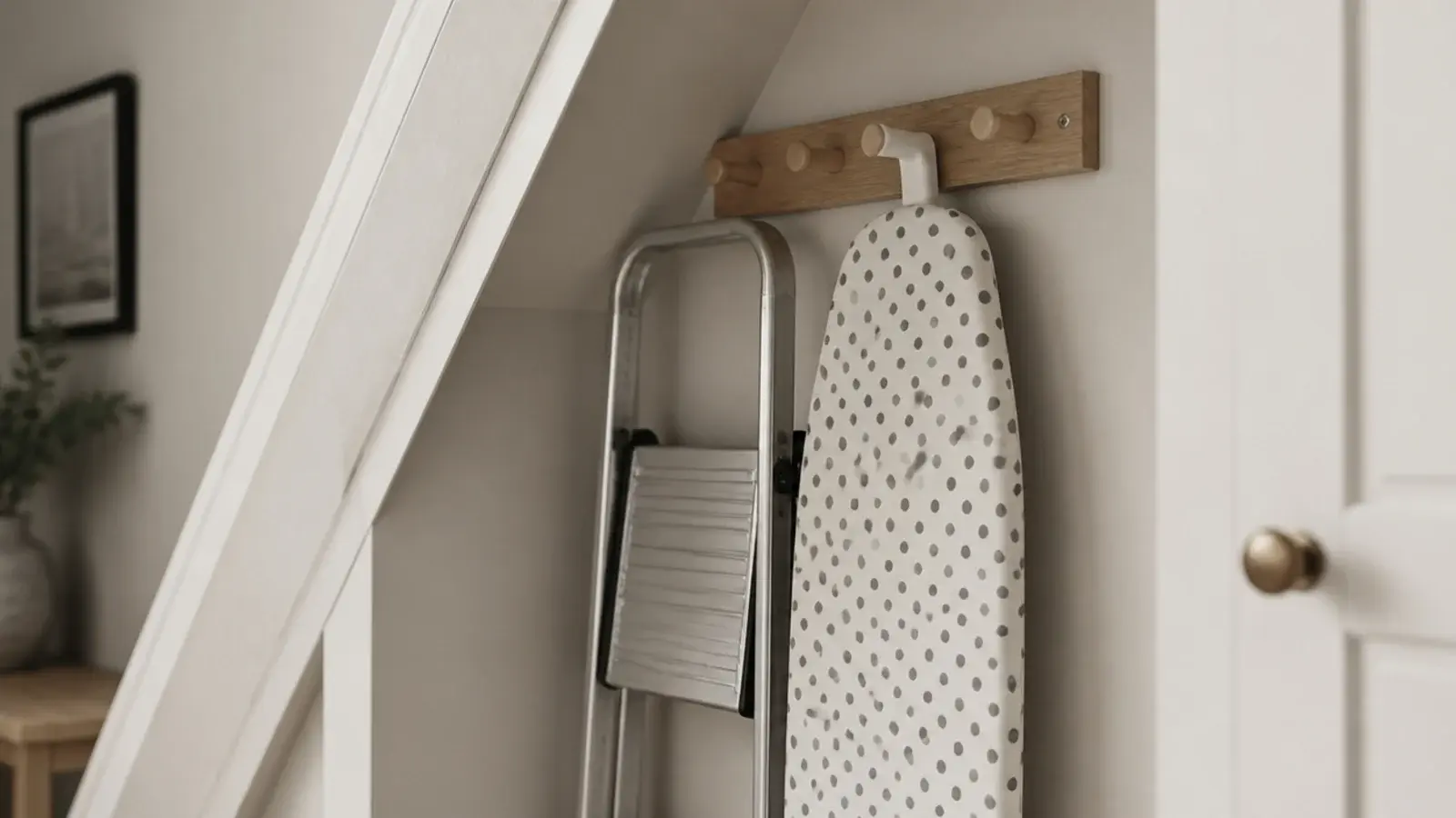 wooden peg rail holding a step ladder against a cupboard side wall