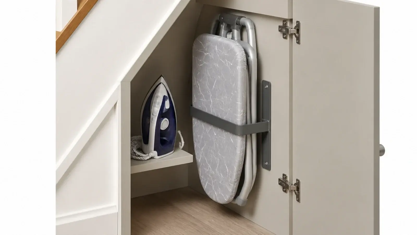 ironing board clipped into a wall bracket inside a stairs cupboard
