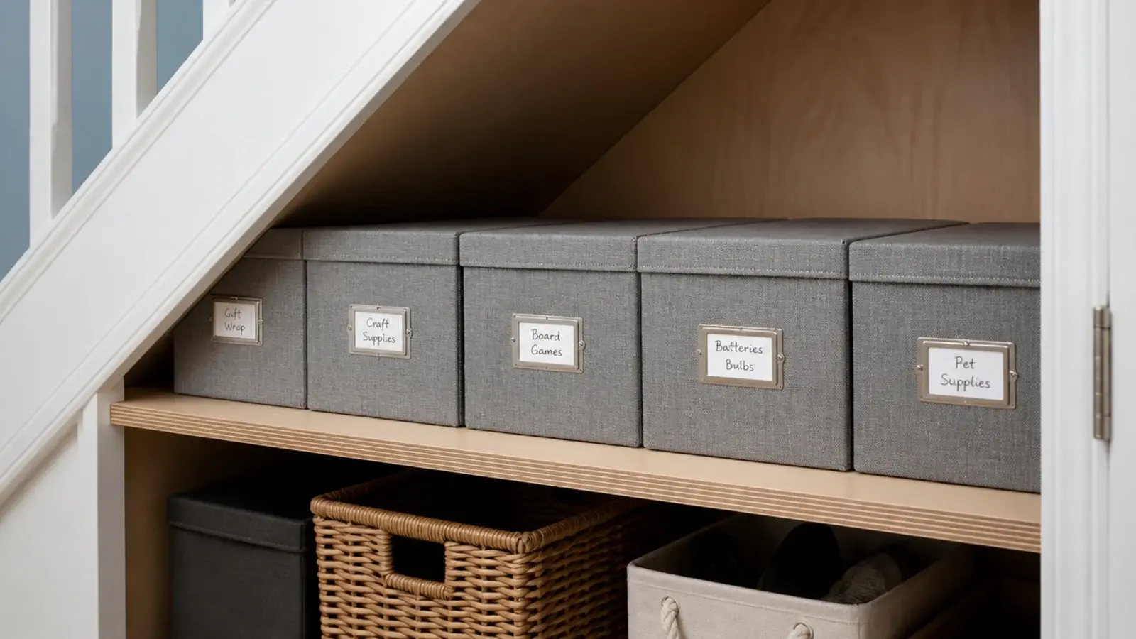 labelled fabric storage boxes lined along a shelf under the stairs