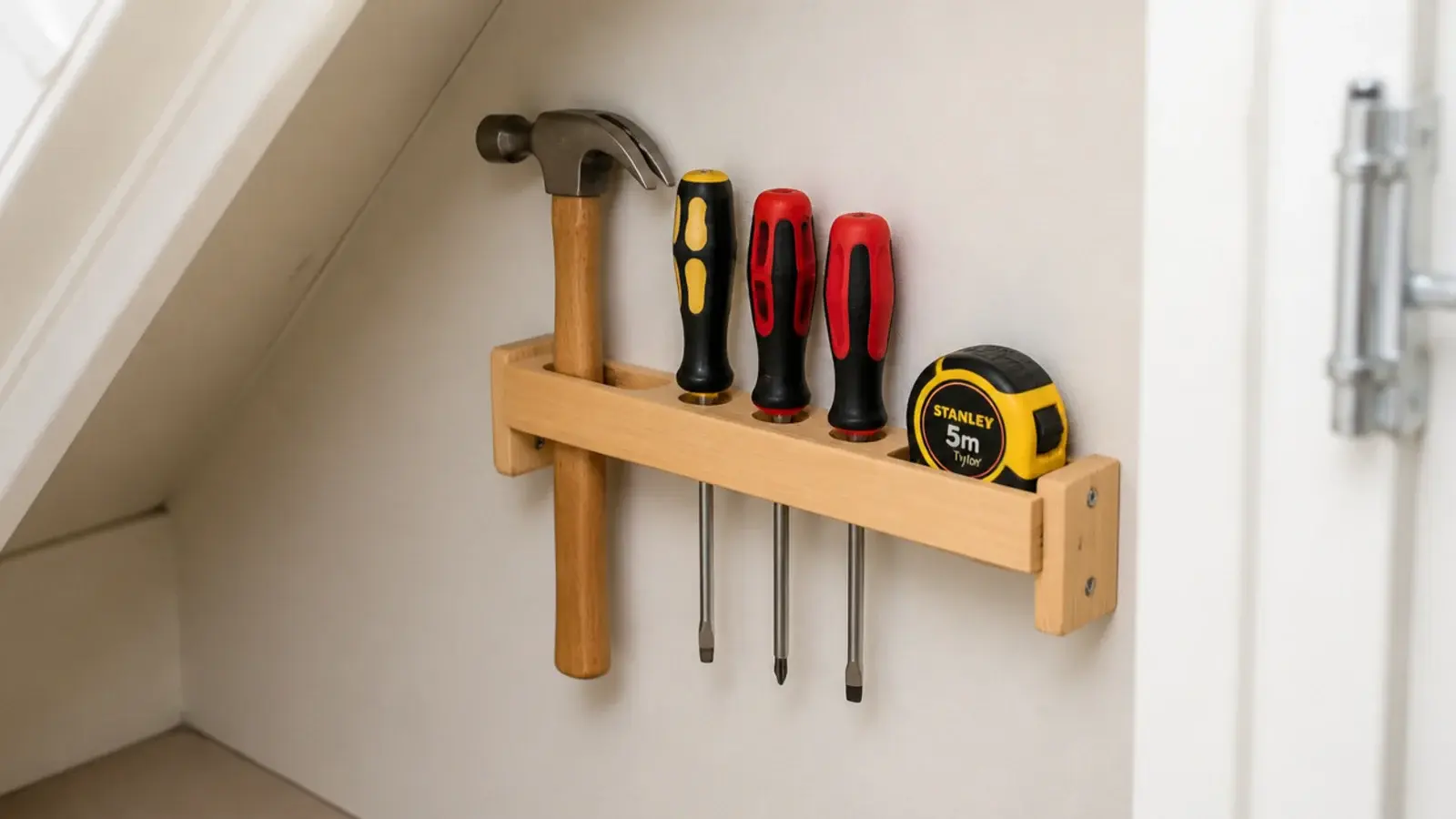 hand tools hung on a small wall rack inside an under stairs cupboard