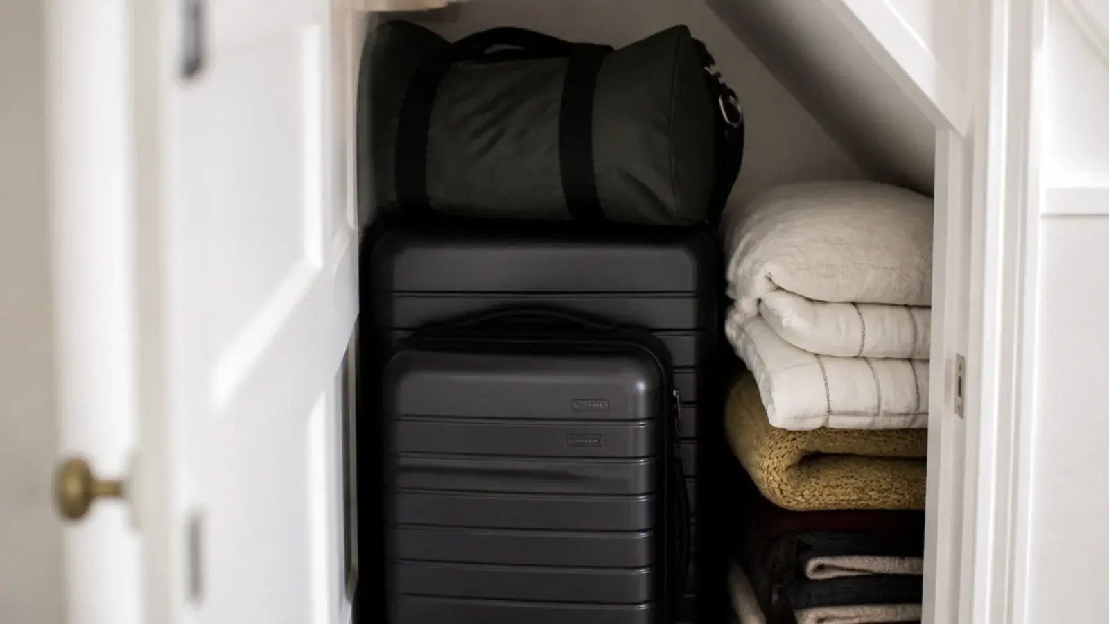 nested hard shell suitcases stacked in an under stairs cupboard corner