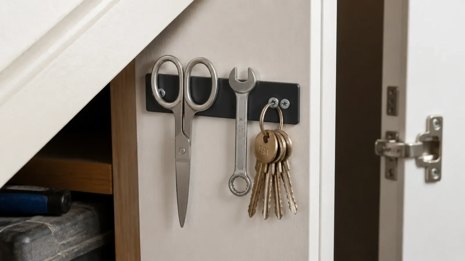 magnetic strip holding small metal tools inside a cupboard frame
