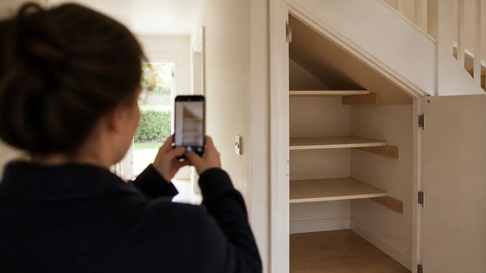 phone photographing an empty fitted cupboard beneath a staircase