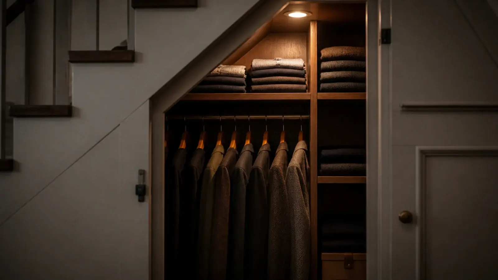 two stacked rails of shirts under the highest part of a staircase