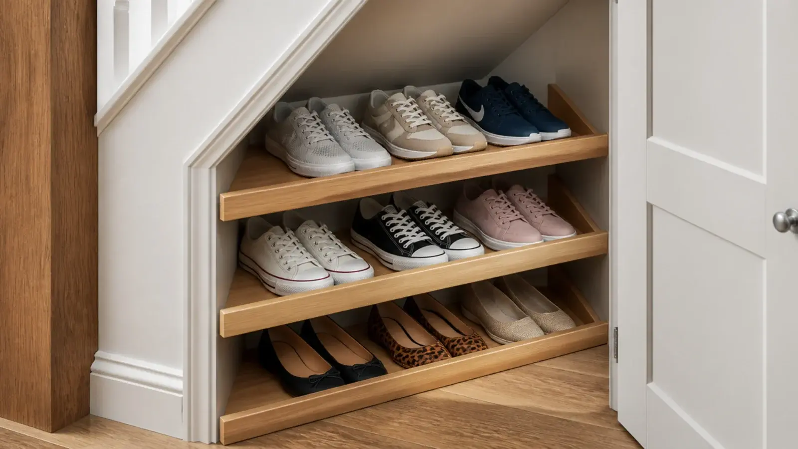 angled timber shoe tiers fitted into the shallow end of a closet