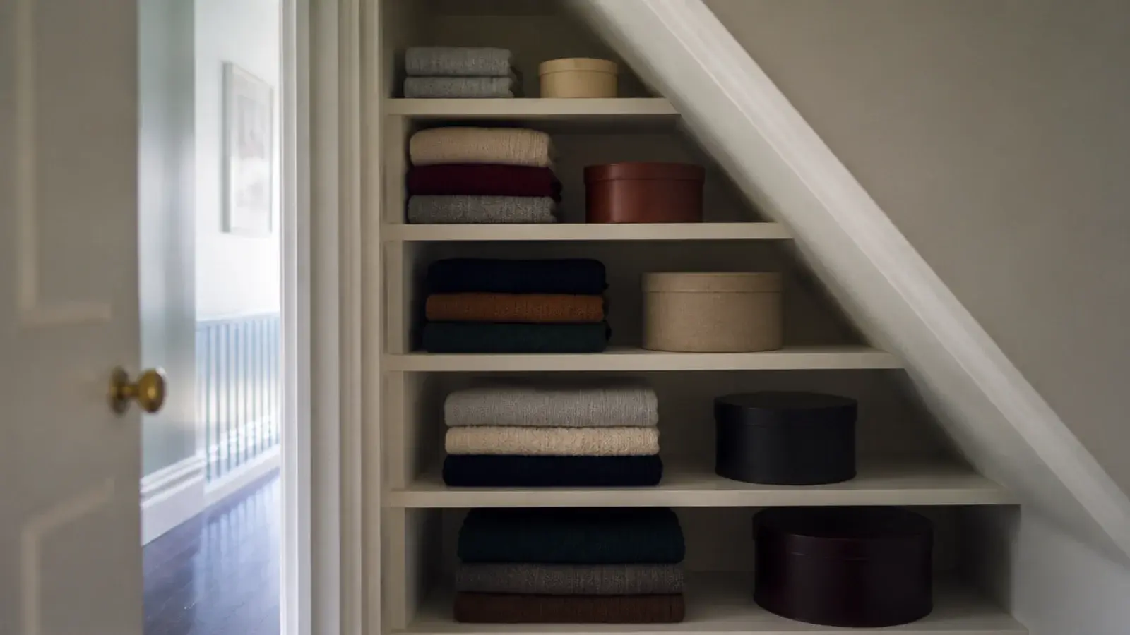 stepped shelves reducing in height across an under stairs closet wall