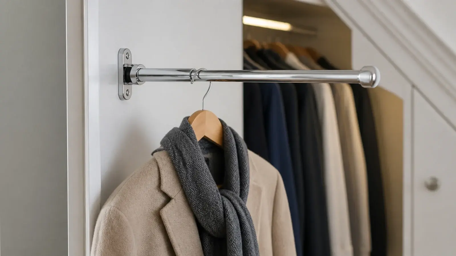 slim valet rod pulled out from the side of a stairs closet