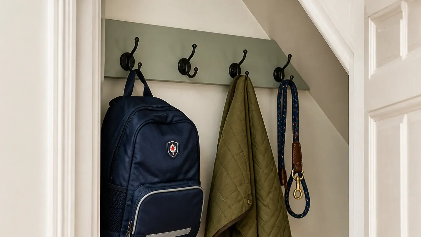 hooks by the closet opening holding coats used every day