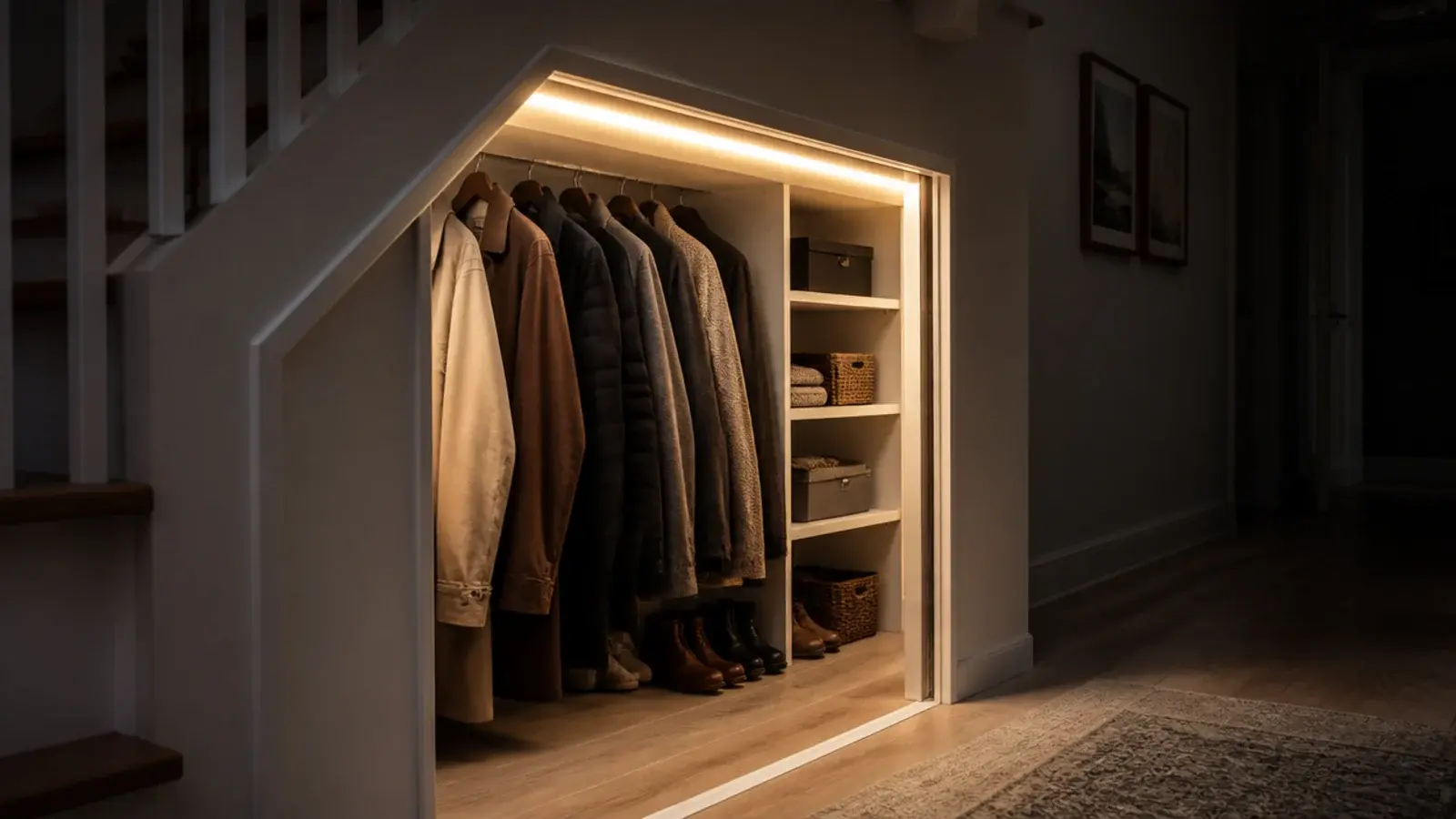 warm strip light running along the top edge of a closet opening