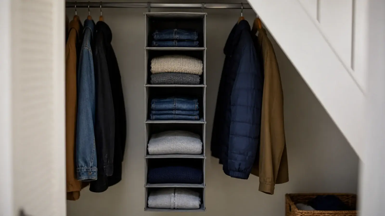 hanging fabric shelf tower suspended from a closet rail