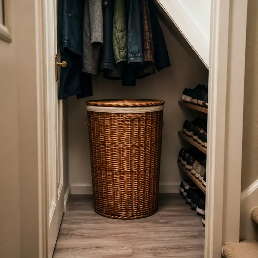 wicker laundry basket standing in a clear space inside a closet