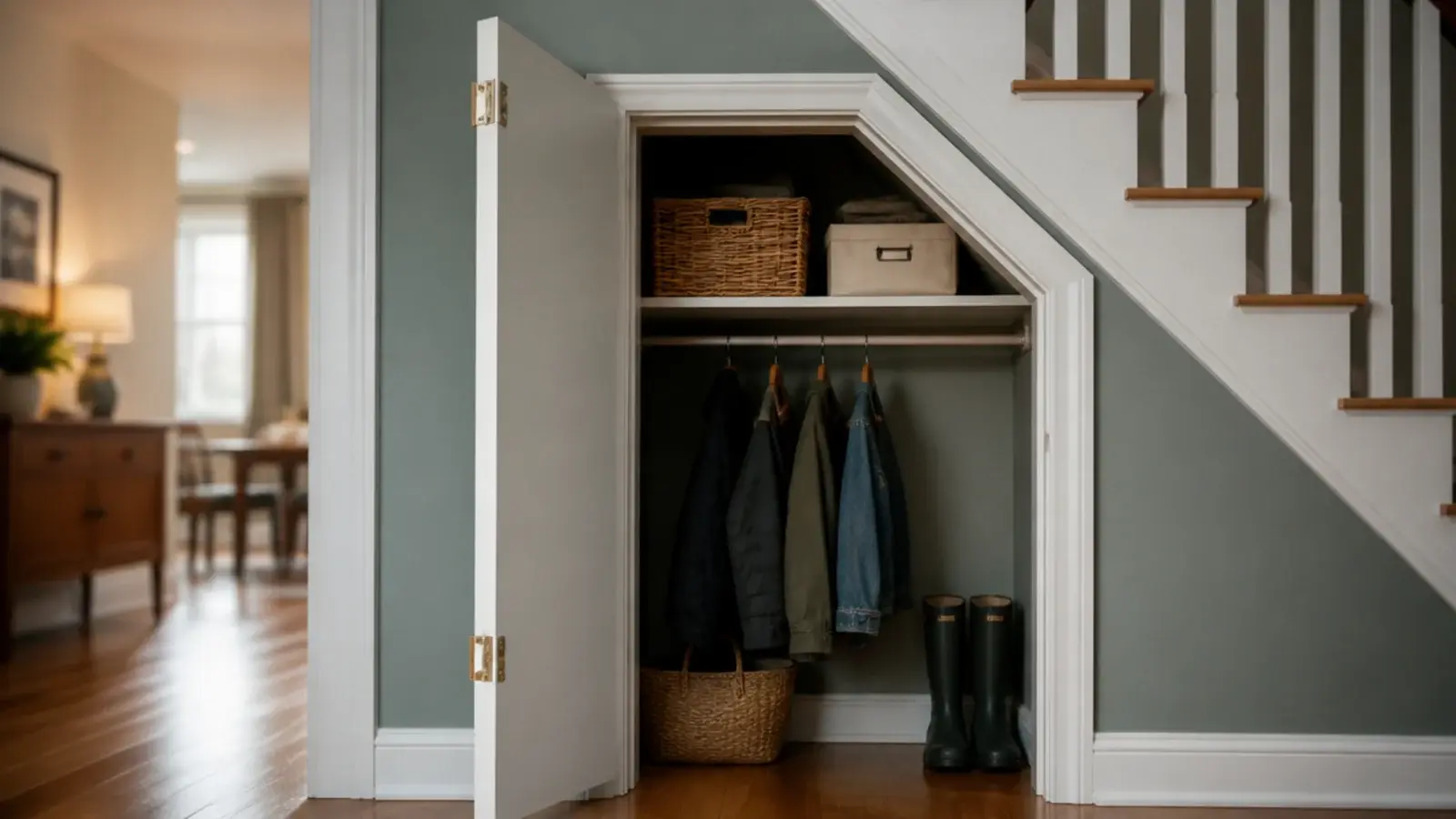 closet door swung fully back against the hall wall on wide hinges