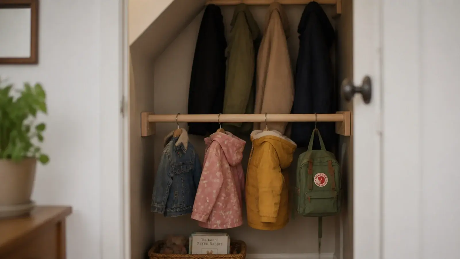 short low rail of childrens coats inside an under stairs closet