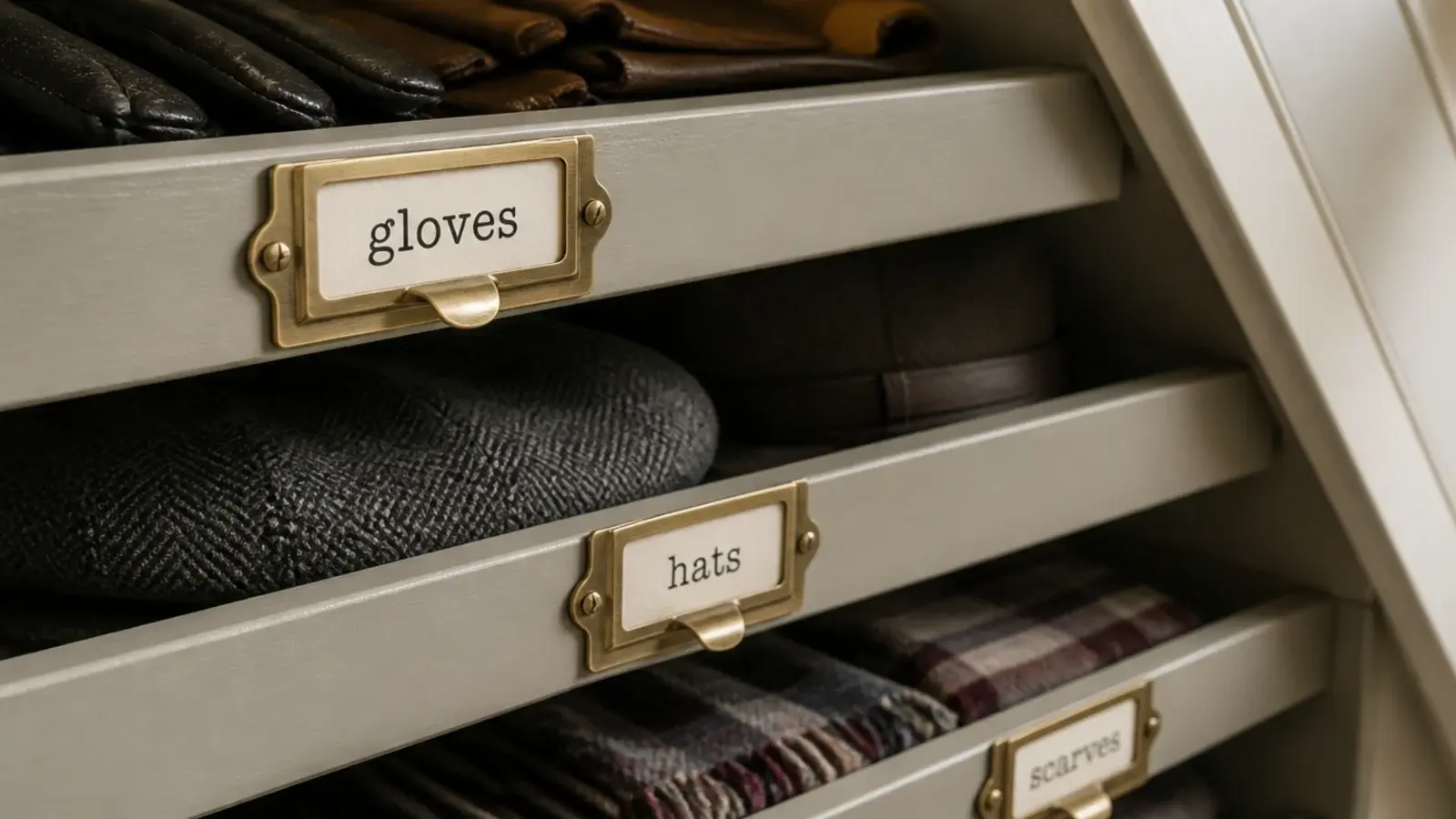 small labels fixed along the front edges of closet shelves