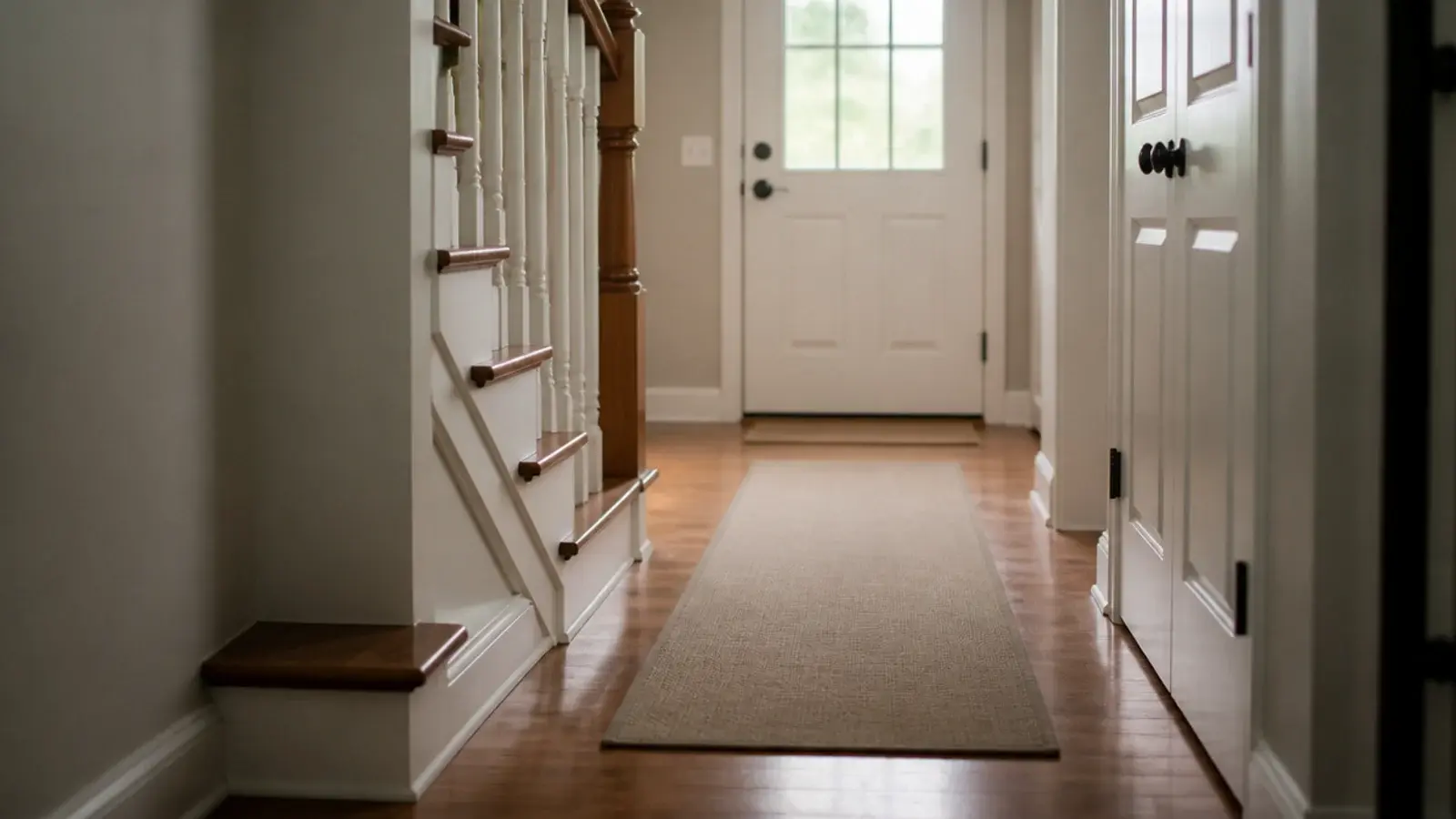 empty hallway floor beside a staircase with nothing stored on it