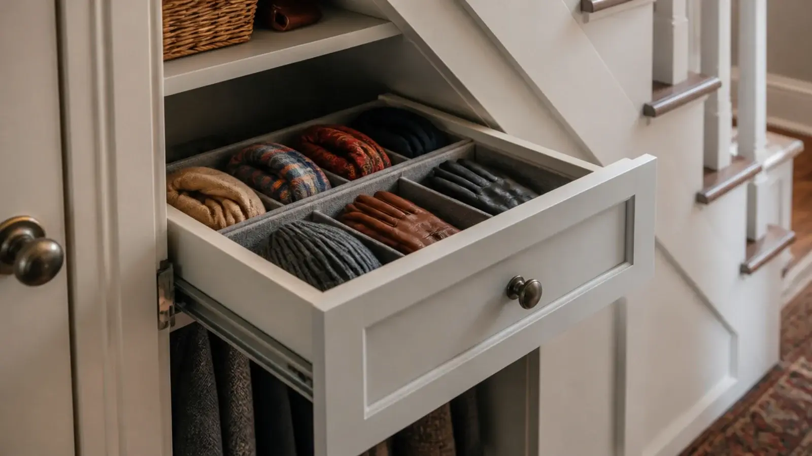 shallow drawer of gloves and scarves set at hip height inside a closet