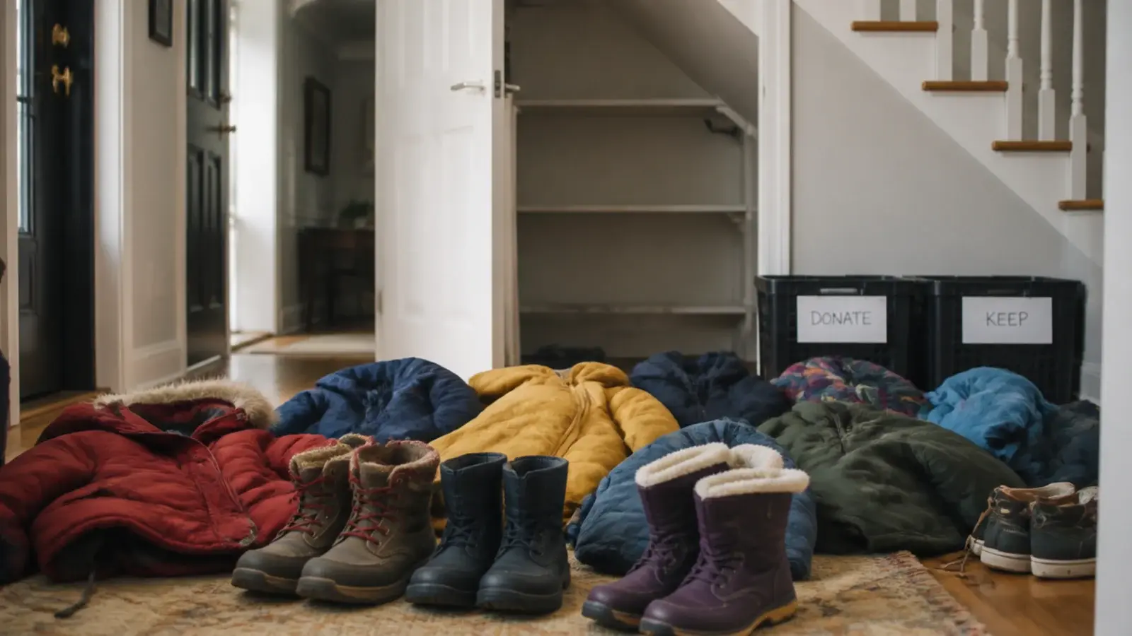 coats laid out on a hall floor during a seasonal closet clear out