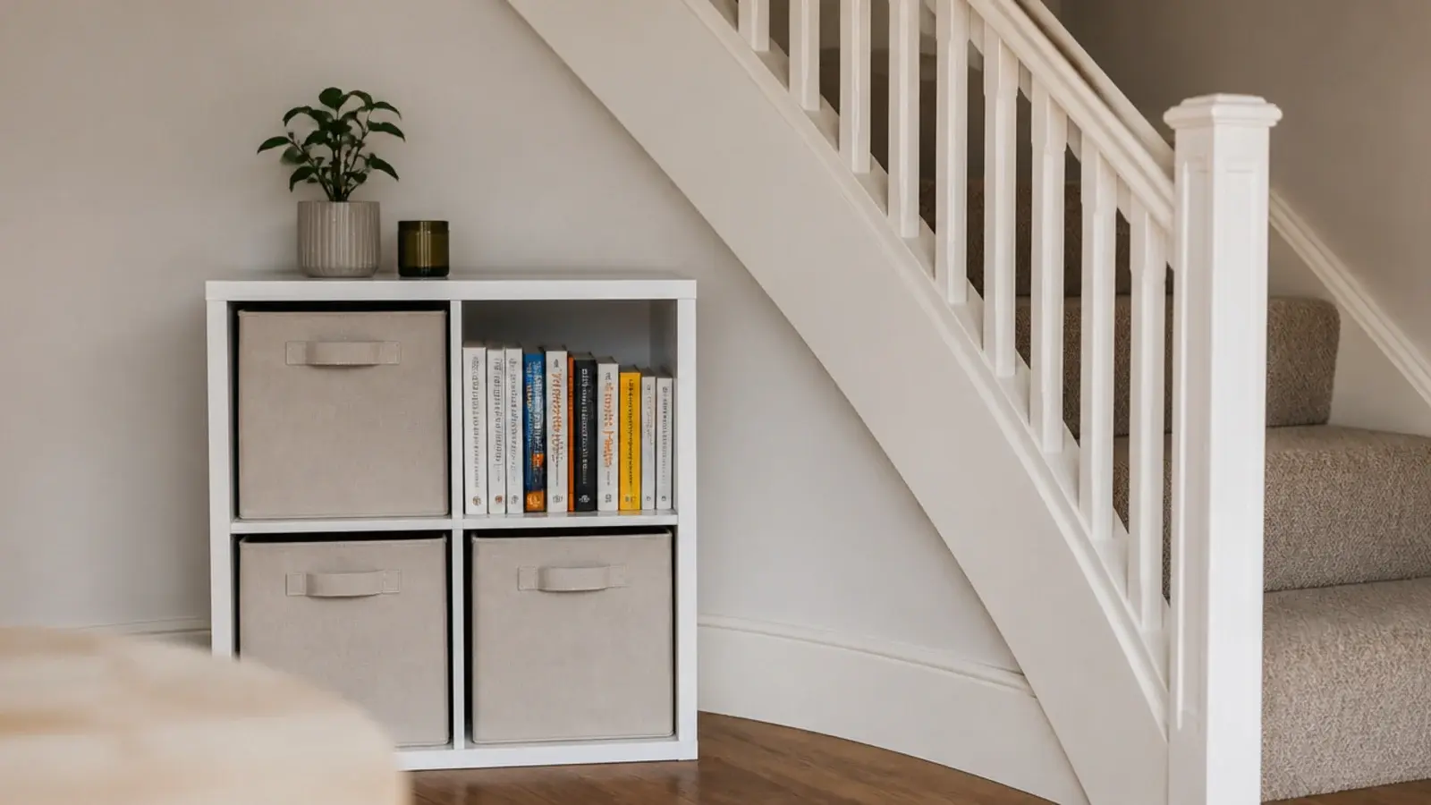 four cube shelving unit standing under the highest part of a staircase