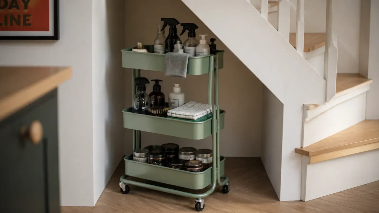three tier metal trolley parked beneath the middle of a staircase