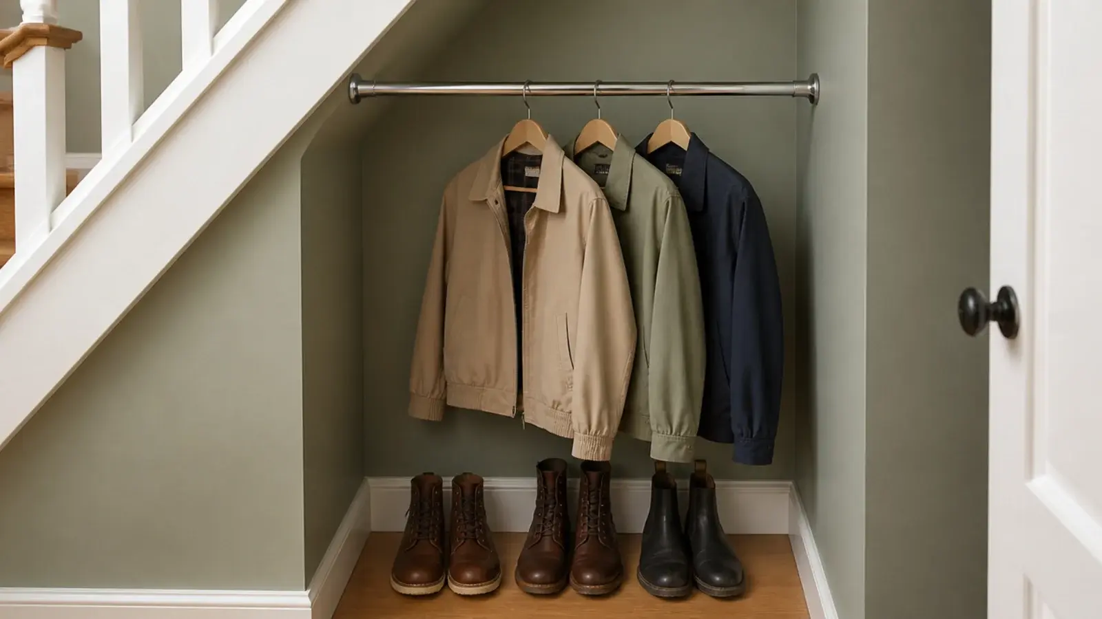 spring tension rod holding jackets between two walls under stairs