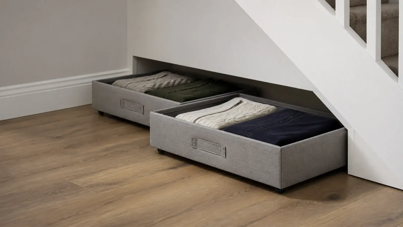 flat wheeled storage boxes sliding out from a low stair recess