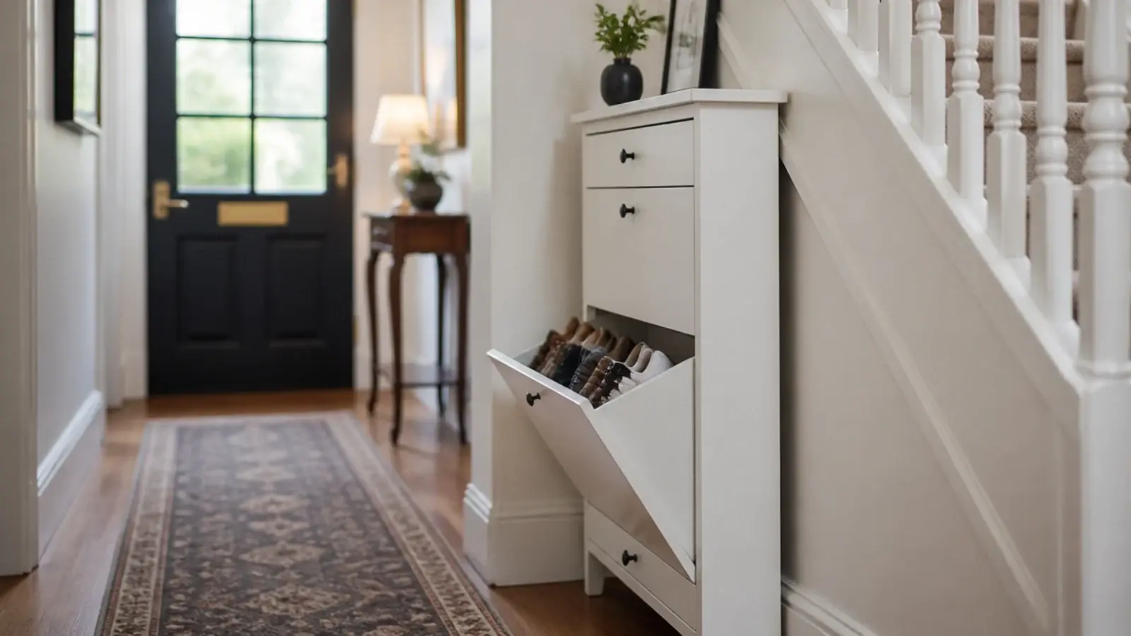 narrow tilting shoe cabinet standing against a staircase side wall