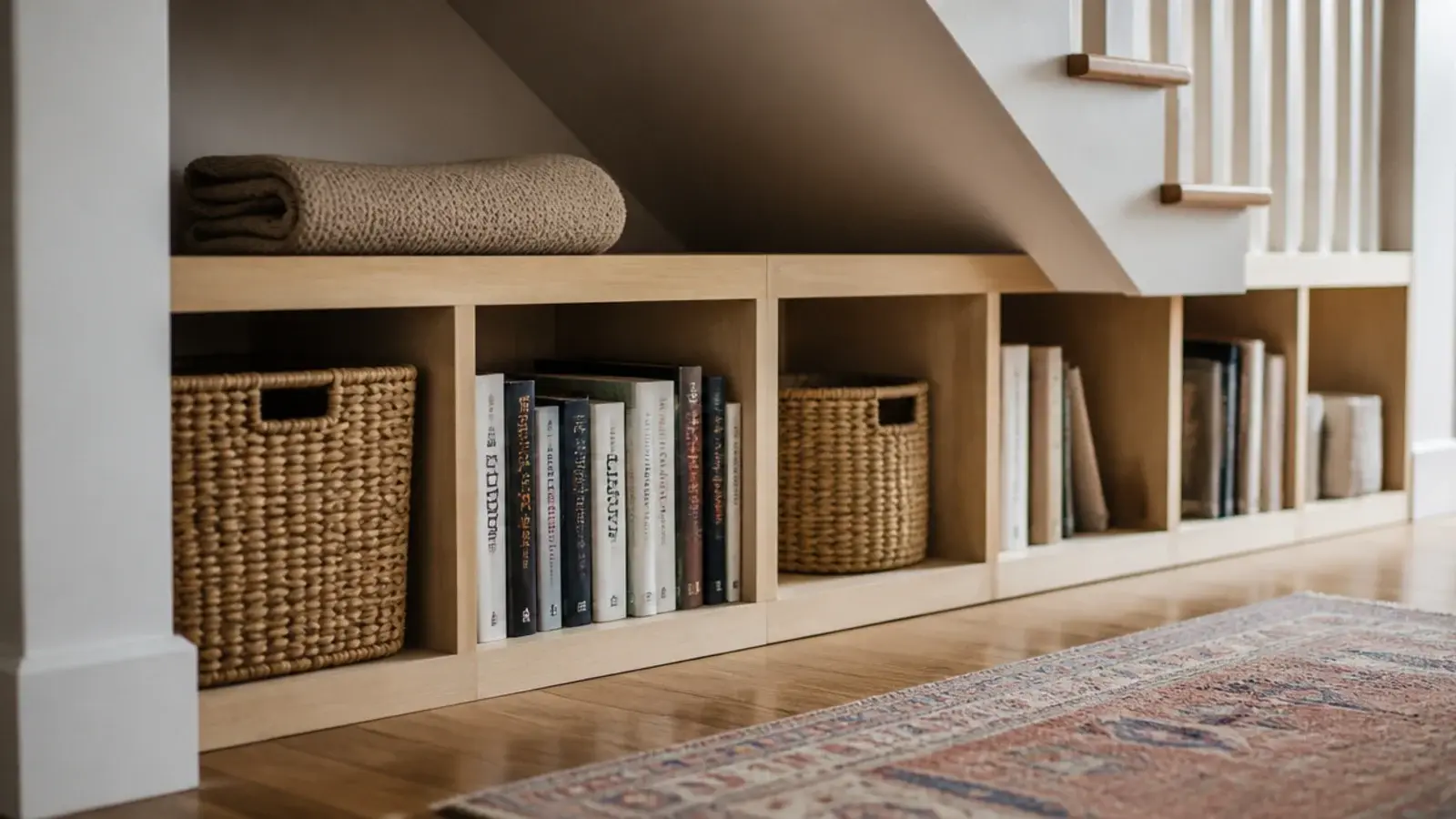 low bookcase laid horizontally beneath a sloping stair soffit