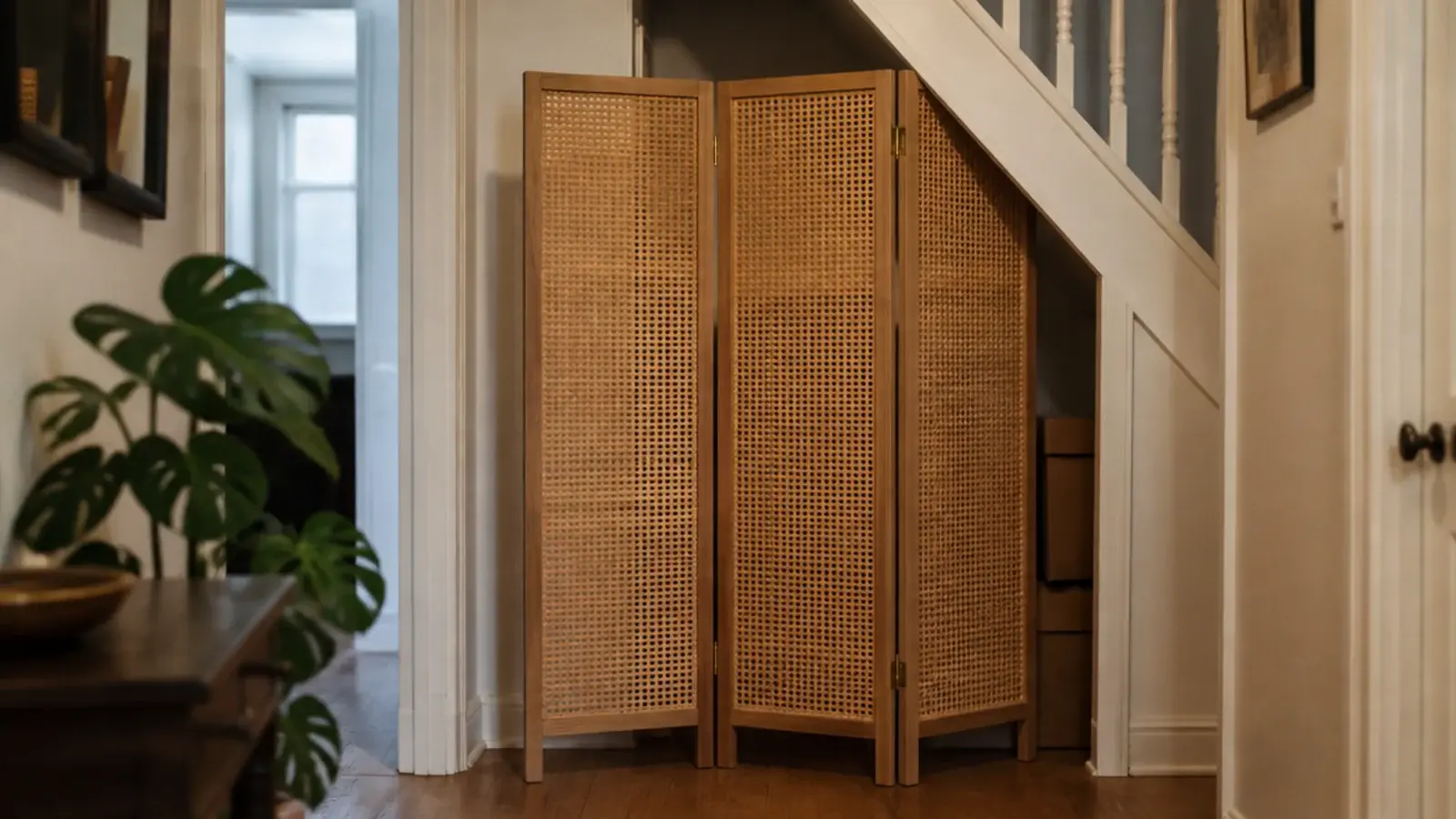 three panel folding screen standing in front of an under stairs recess