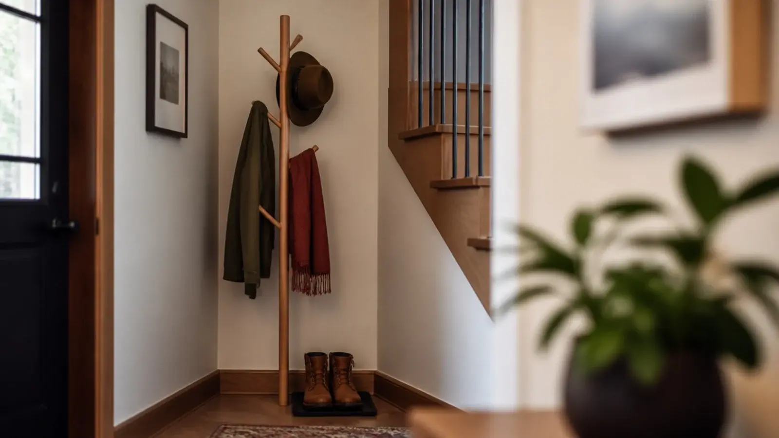 timber coat tree standing in the tallest corner of a stair recess