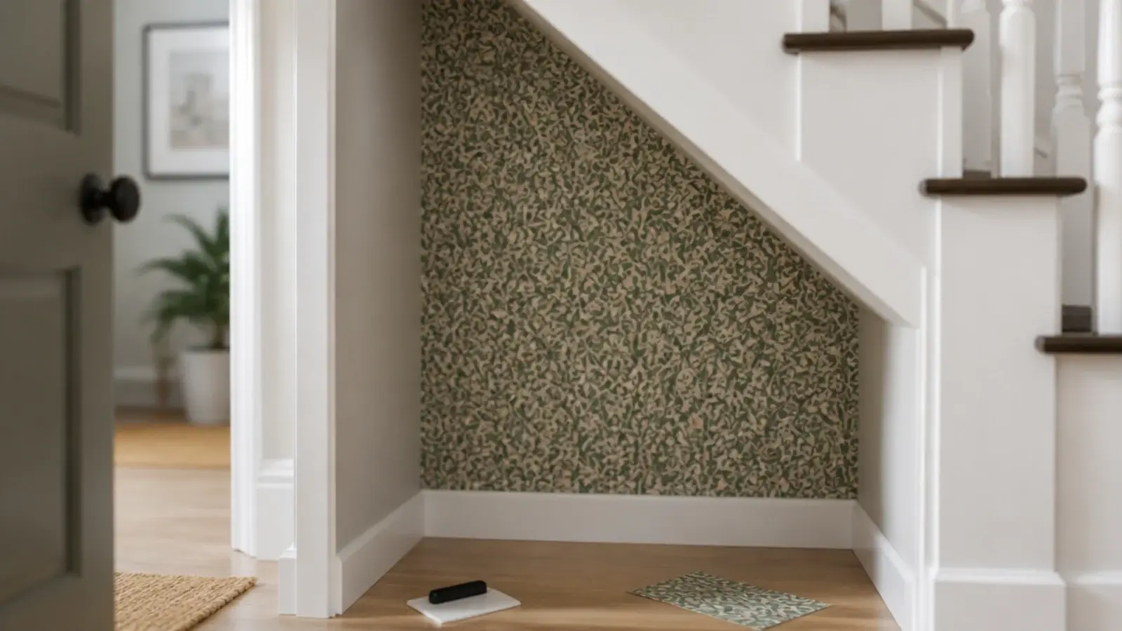 patterned peel and stick wallpaper applied to a stair recess wall