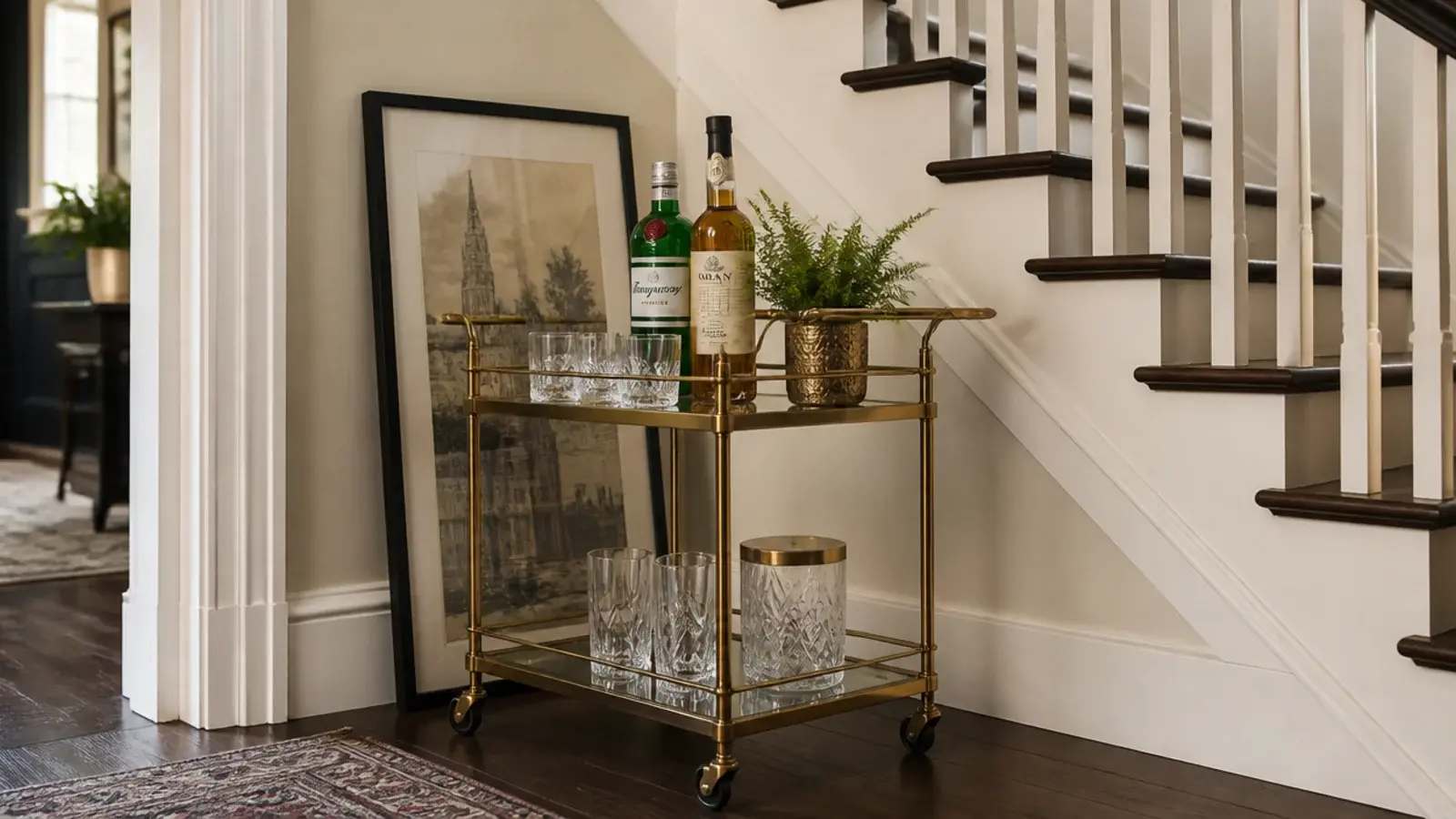 brass bar cart holding glassware standing under a tall stair section