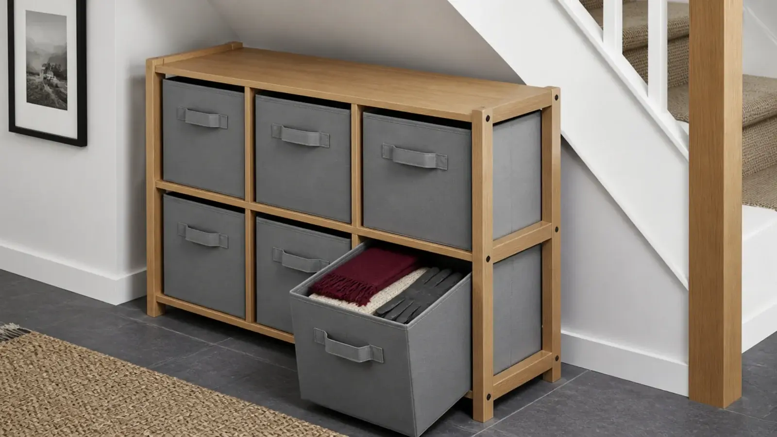 fabric drawer unit with canvas bins under a sloping stair ceiling