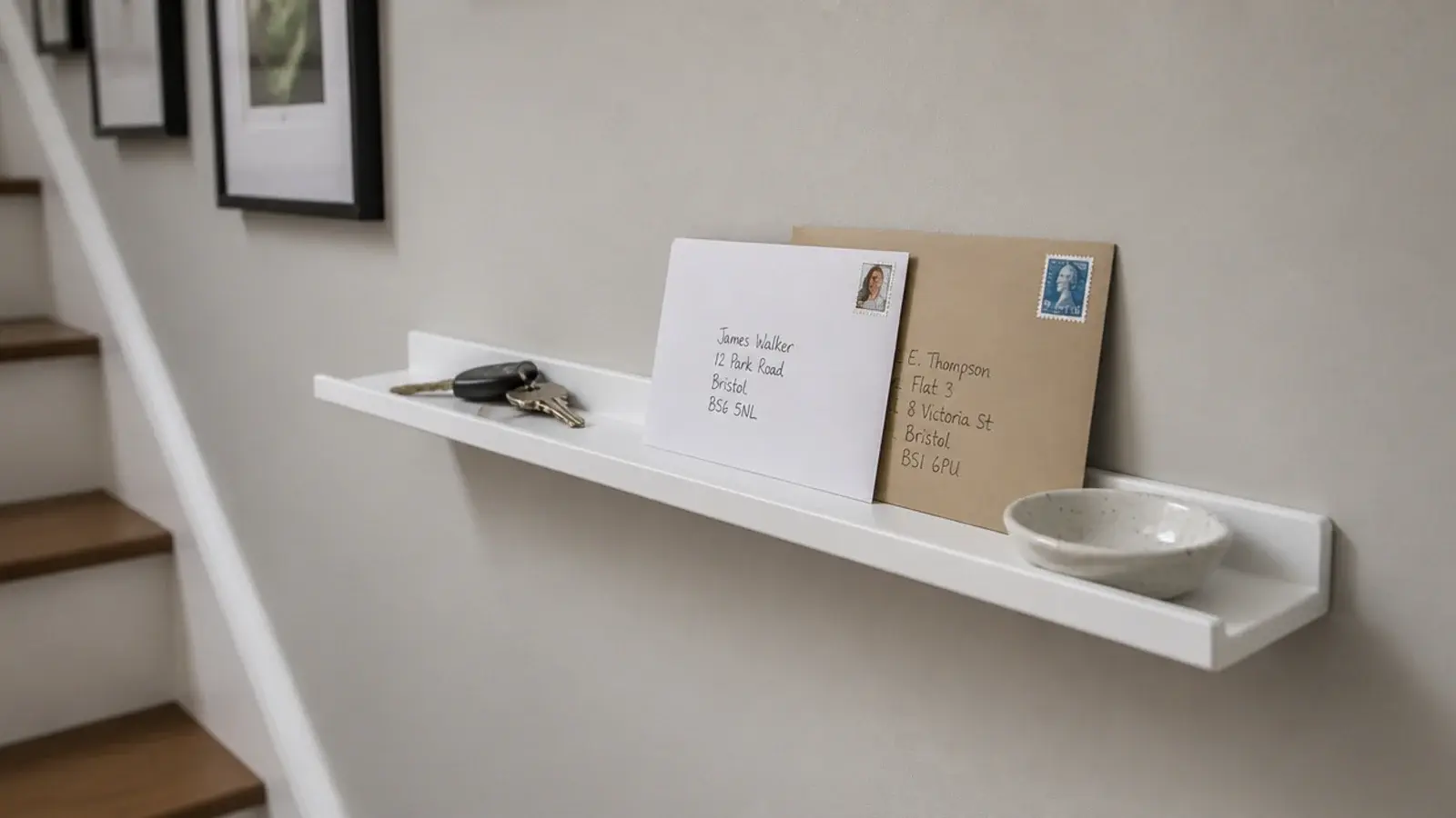 slim adhesive ledge holding keys and letters beside a staircase