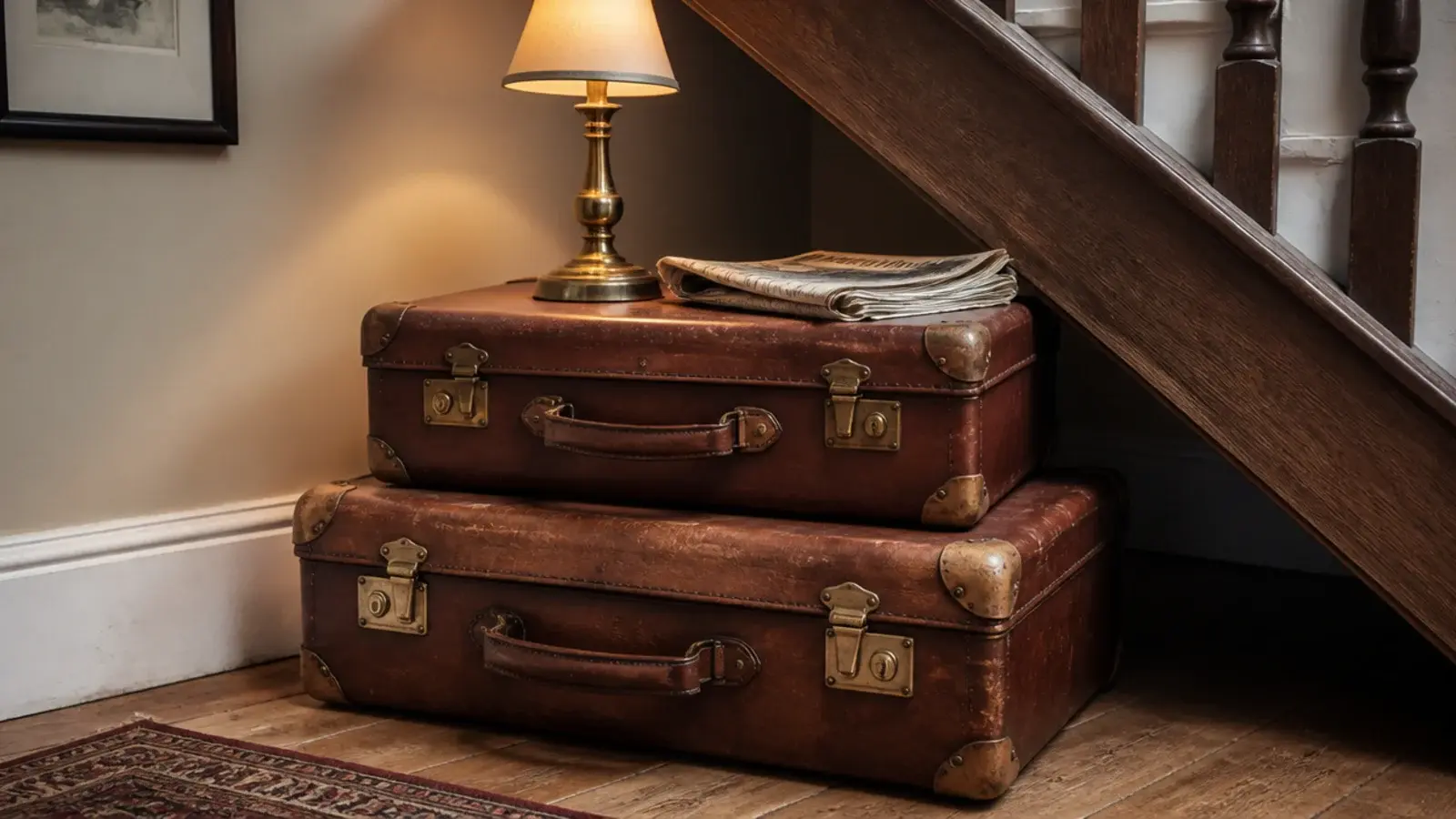 two stacked vintage suitcases used as a table under a staircase